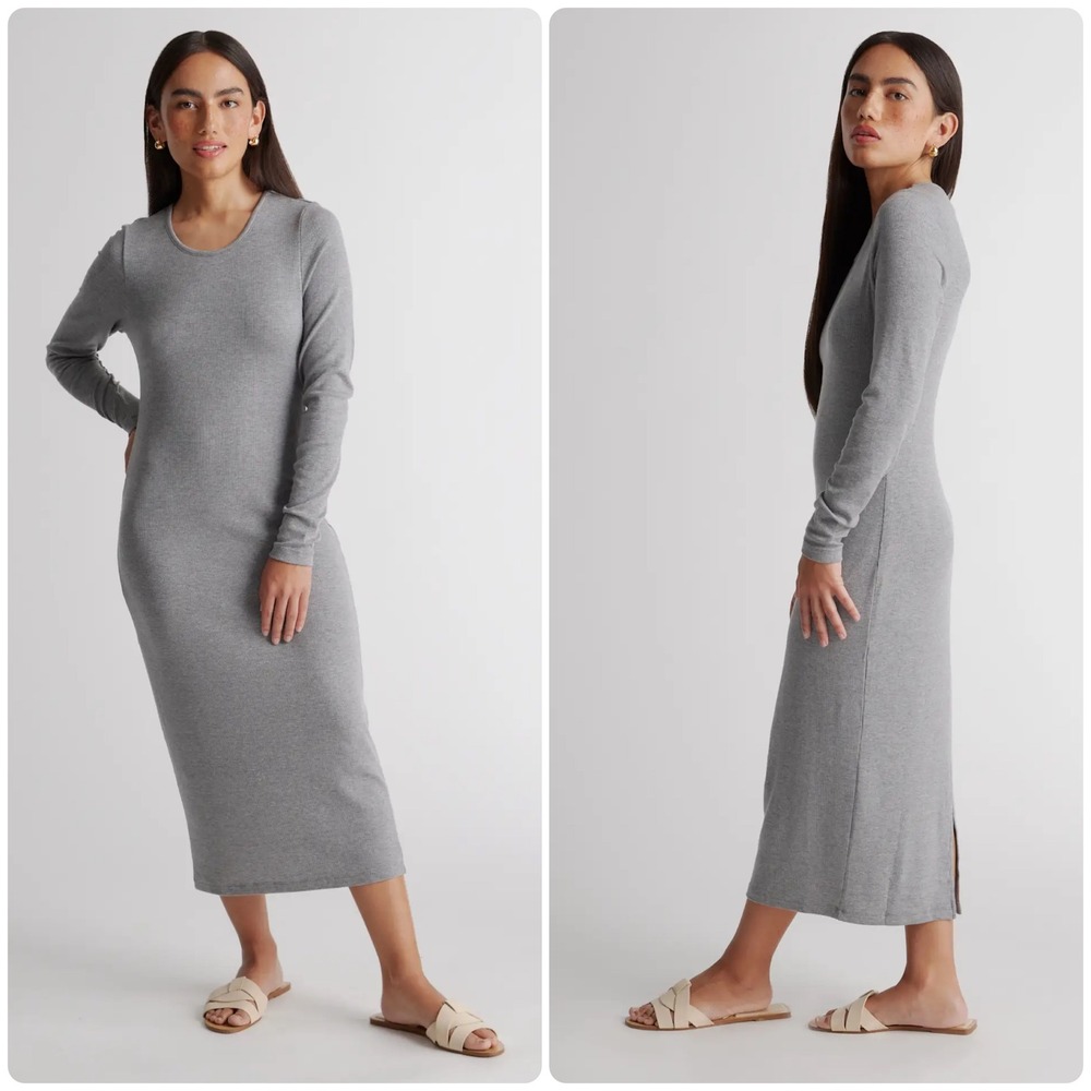 Quince Womens Soft Tencel Rib Knit Long Sleeve Midi Lounge Dress Size XS Gray